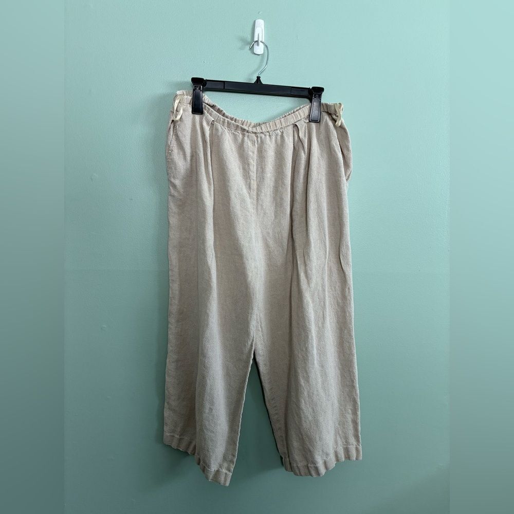 Eileen Fisher Tan Irish Linen Wide Leg Crinkle Cropped Pants Sz L See Descrip